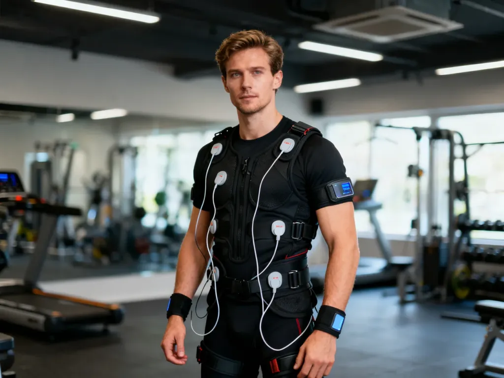 Mężczyzna w profesjonalnym stroju do treningu EMS stoi w nowoczesnym studiu fitness, przygotowując się do ćwiczeń.