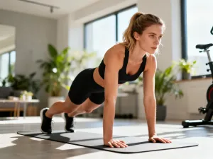 Mężczyzna wykonuje ćwiczenie na biceps z użyciem ręcznika w jasnym, nowoczesnym salonie.