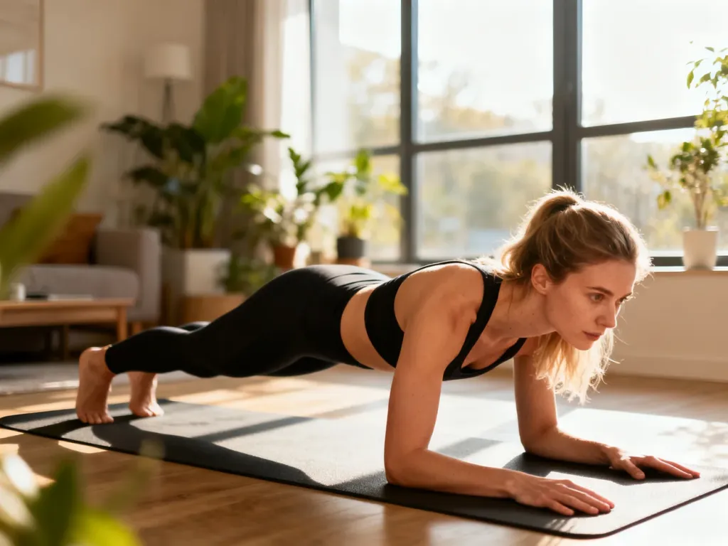 Kobieta wykonująca deskę na macie do jogi w jasnym salonie, ilustrująca domowy trening fitness.