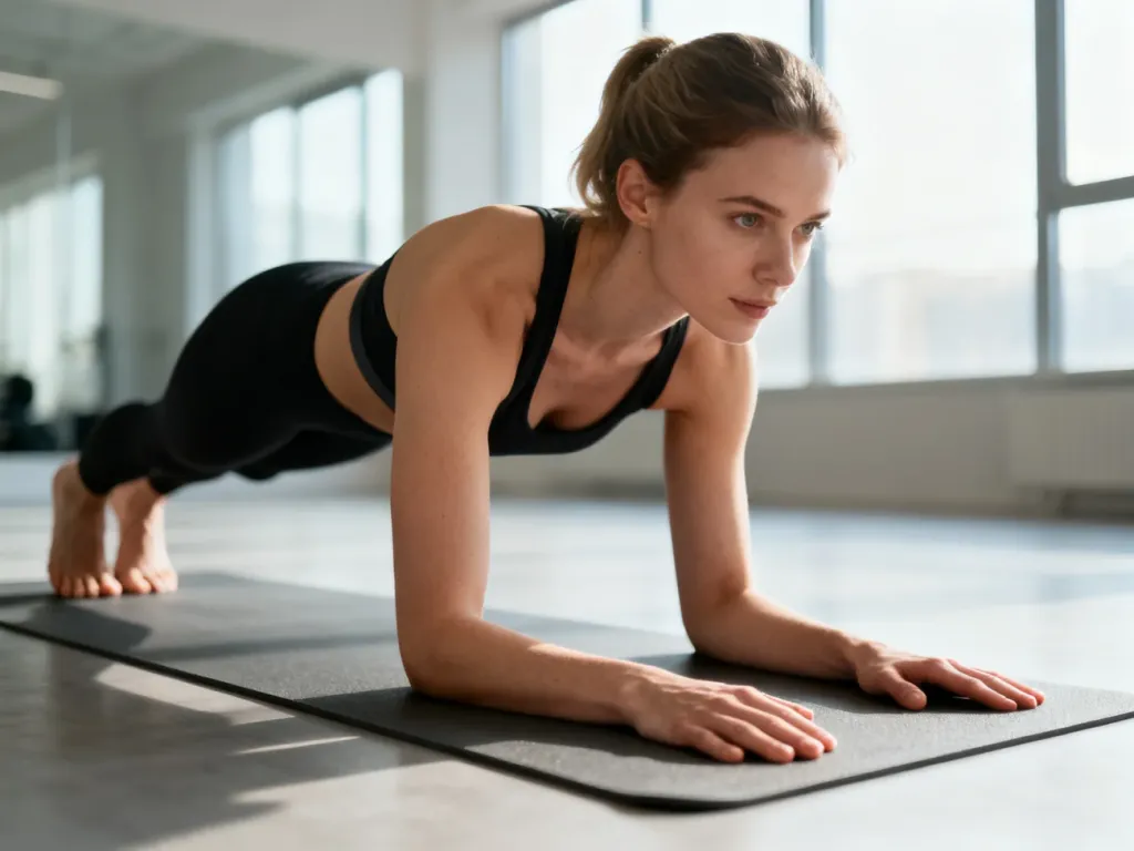 Kobieta wykonująca prawidłową deskę na macie do jogi w jasnym, nowoczesnym studio fitness.