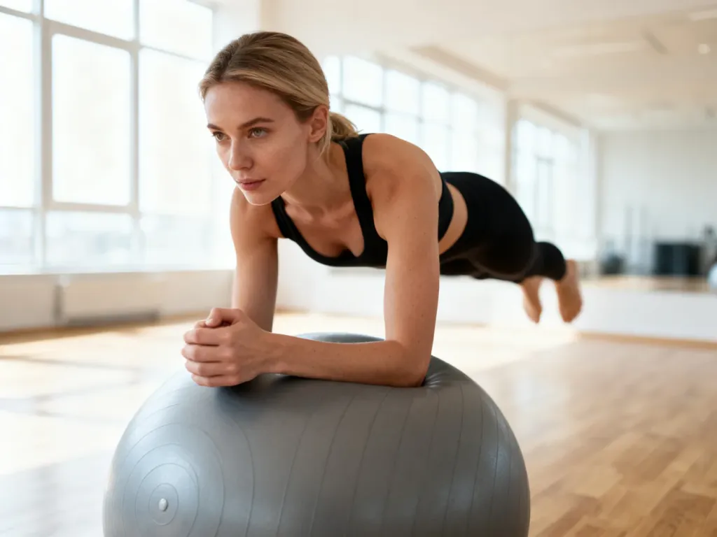 Kobieta wykonuje ćwiczenia wzmacniające mięśnie brzucha na szarej piłce gimnastycznej w nowoczesnej sali fitness.
